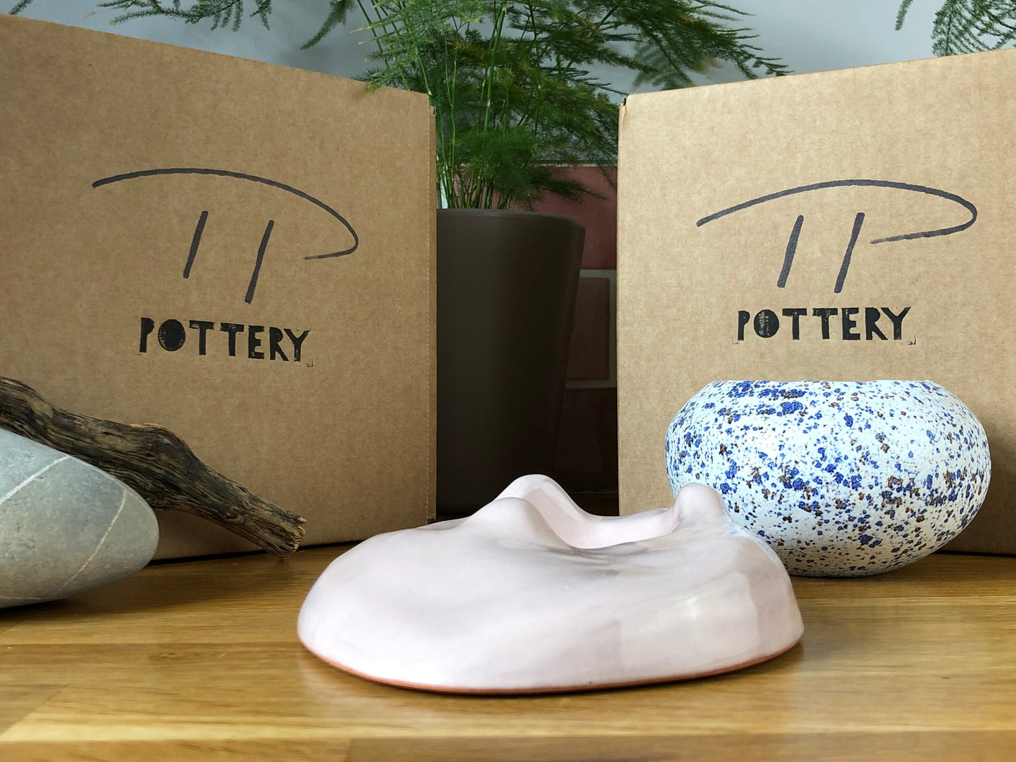 White with Blue speckle plant pot and Pink saucer