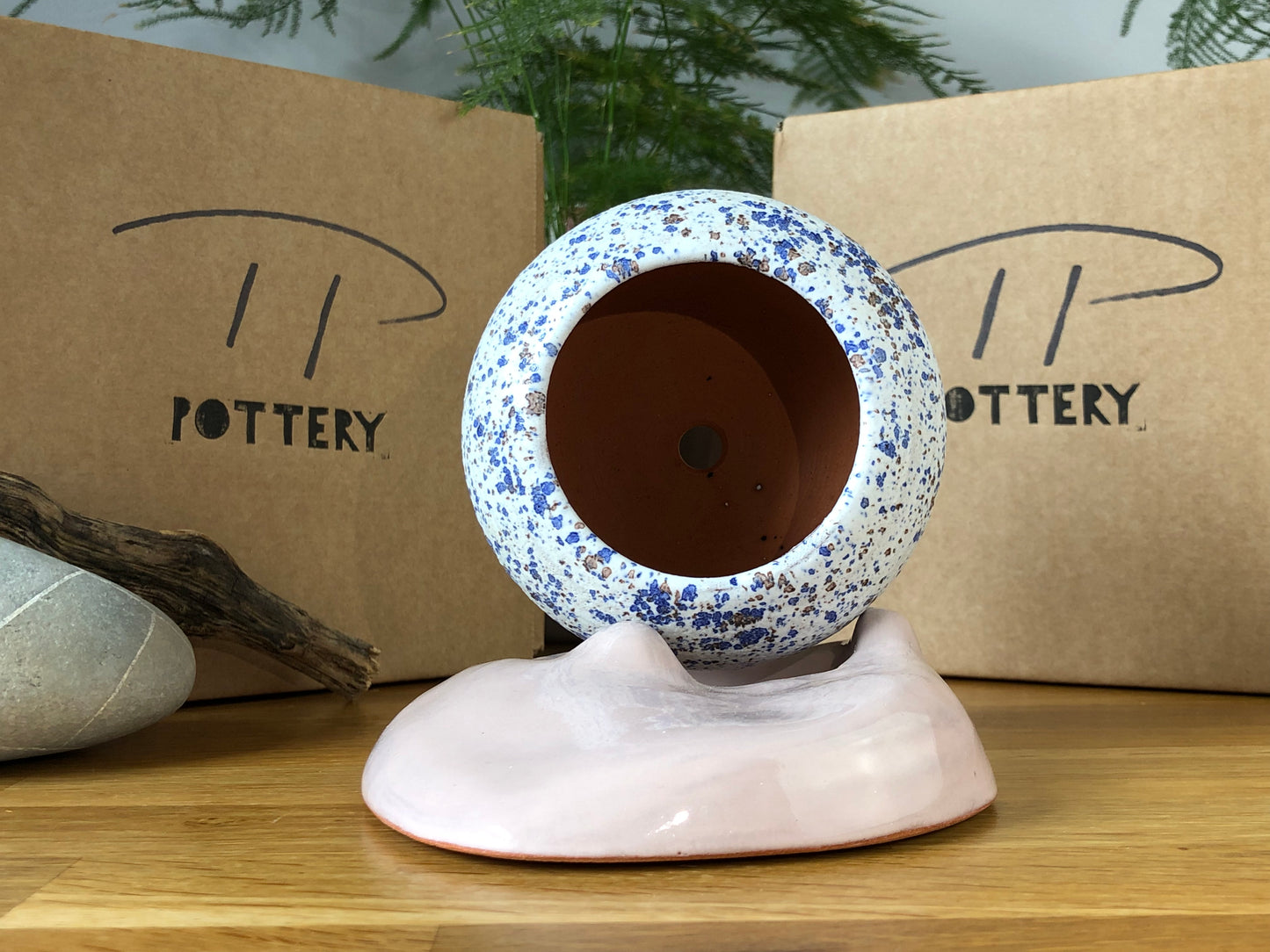 White with Blue speckle plant pot and Pink saucer