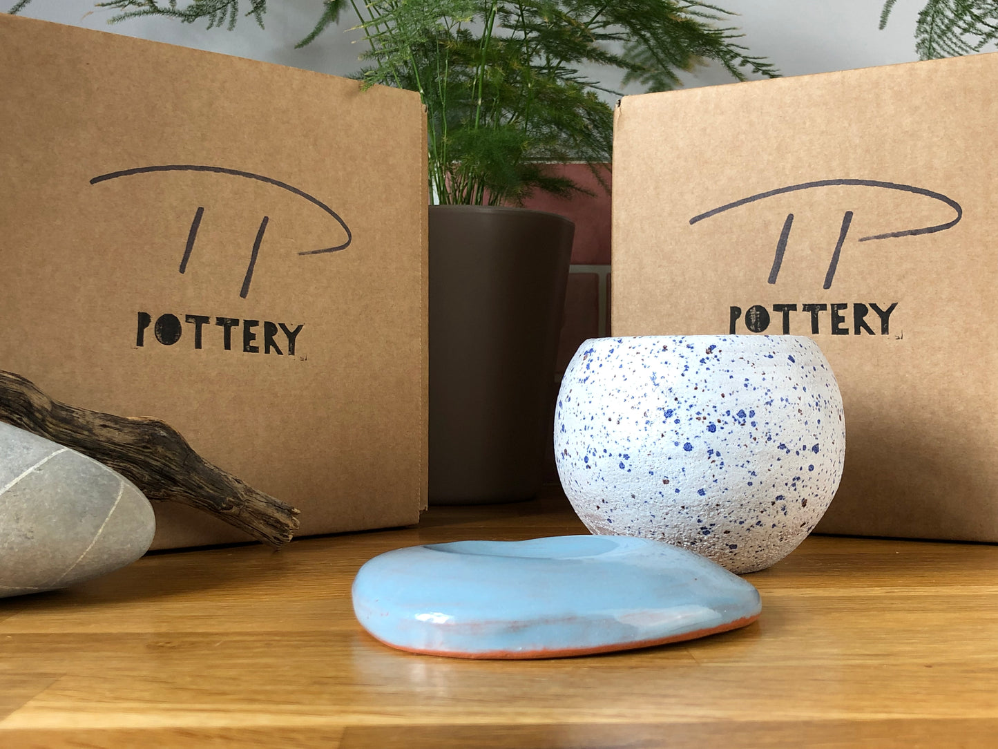 White with Blue speckled plant pot and Light Blue saucer