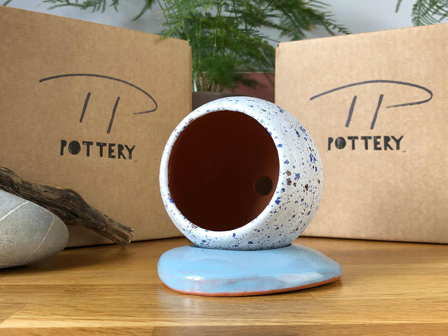 White with Blue speckled plant pot and Light Blue saucer