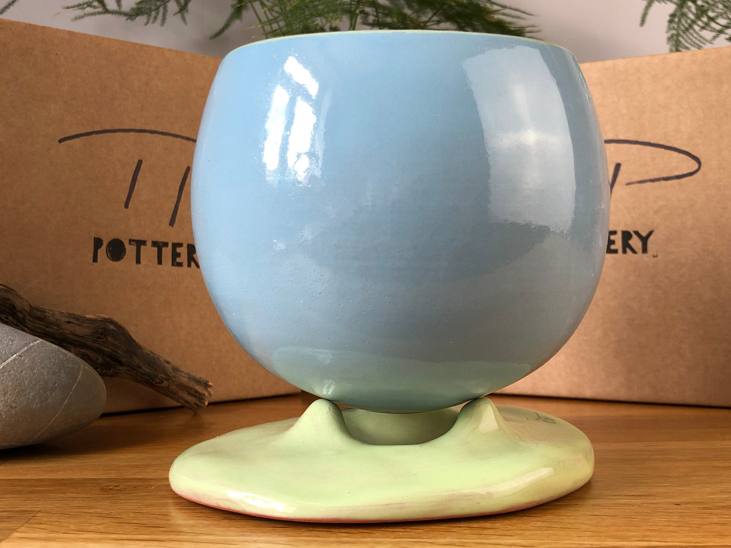 Sky Blue plant pot with Mint Green rim and Mint Green saucer